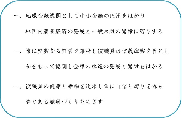 地域金融機関として、中小金融の円滑をはかり、地区内産業経済の発展と 一般大衆の繁栄に寄与する　常に堅実なる経営を維持し、役職員は信義誠実を旨とし、和をもって協調し、 金庫の永遠の発展と繁栄をはかる 